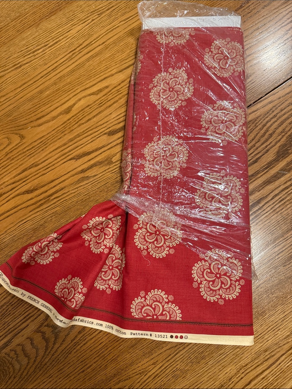 Red Printed Cotton Fabric Bolt with Cream Medallion Pattern 4 yards